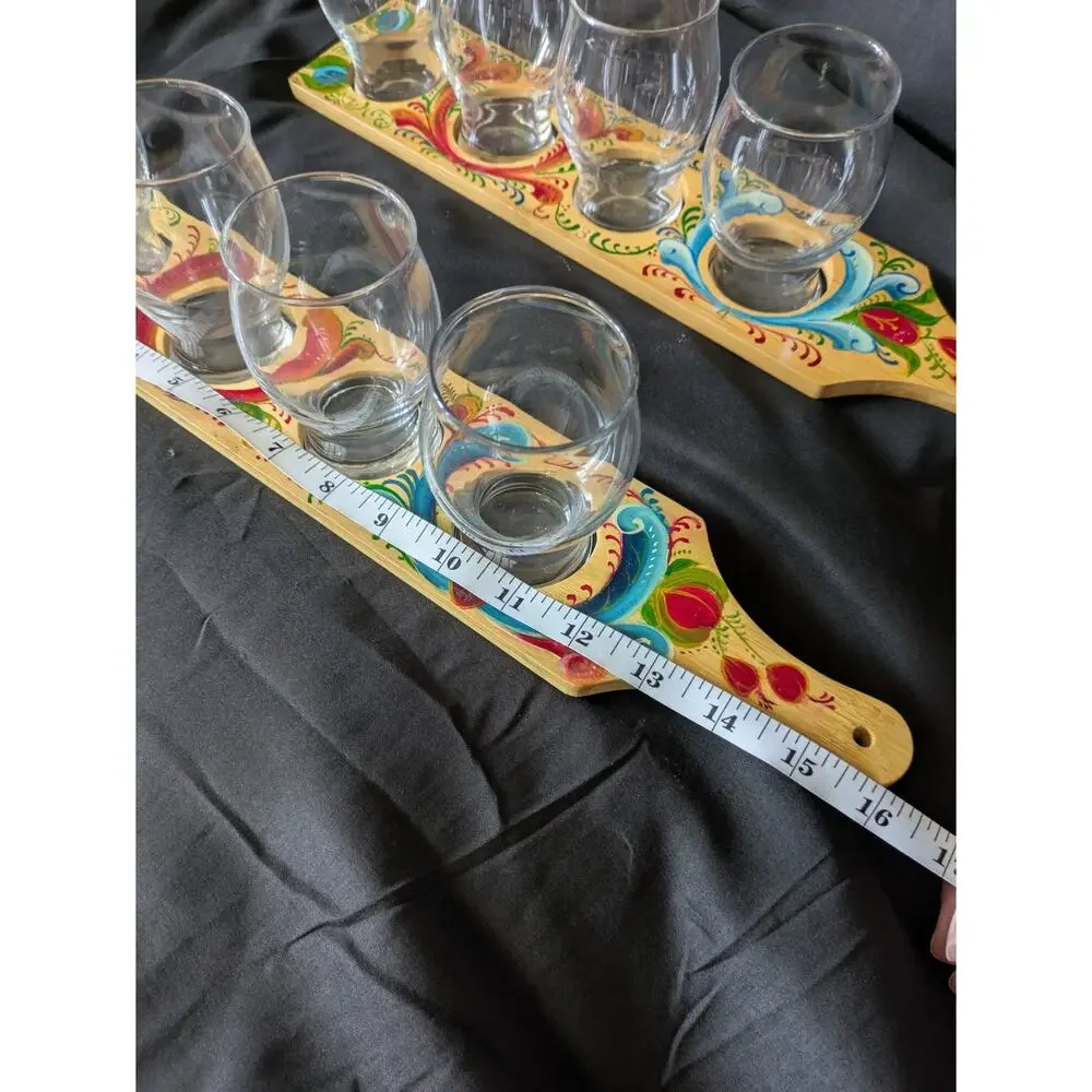 Hand Painted Wood Shot Glass Flight Boards Set of 2 Folk Art Rosemaling style